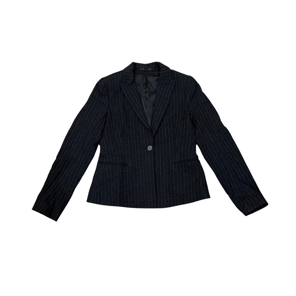 Theory Women‎ Charcoal Grey Pinstripe Wool Blazer Jacket Sz 8 Career Work Preppy